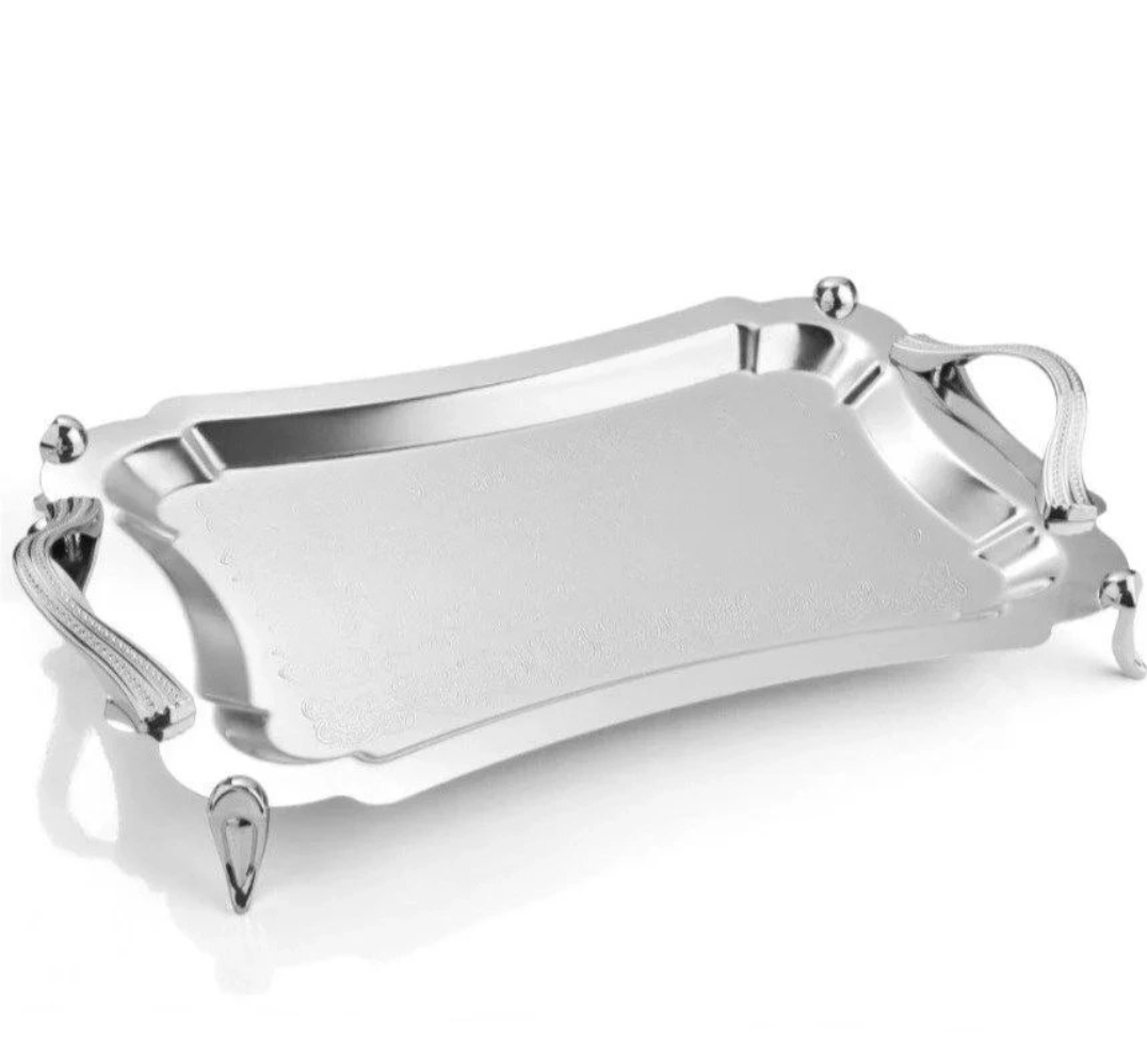 سینی مستطیل متوسط دالبر دسته نقره ای نگینی Waveساده پایه دار ریور کد B7177